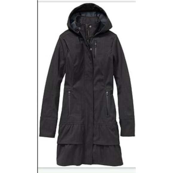 Athleta Shelter Cove Soft Shell Long Ruffle Jacket Coat XXS Black 265355 - Picture 2 of 10